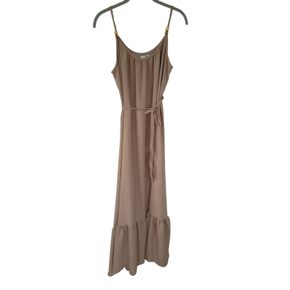 AZ Cottage Boho Flowy Maxi Dress Beaded Straps Tiered Ruffle Taupe S/M - Picture 2 of 15